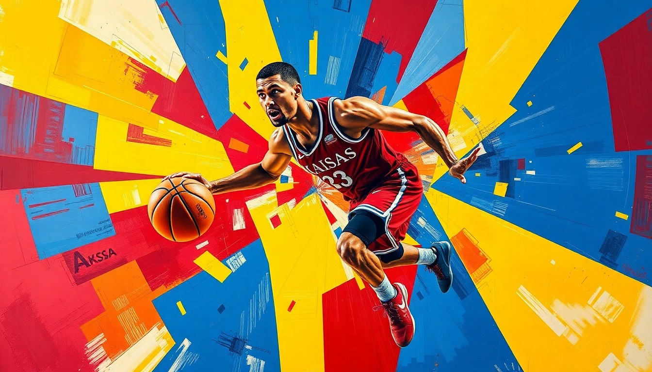 A cubist, geometric painting depicting a Kansas basketball player in motion, with sharp, overlapping planes of crimson red, royal blue, and sunflower yellow, conveying the fractured state of the team's roster.