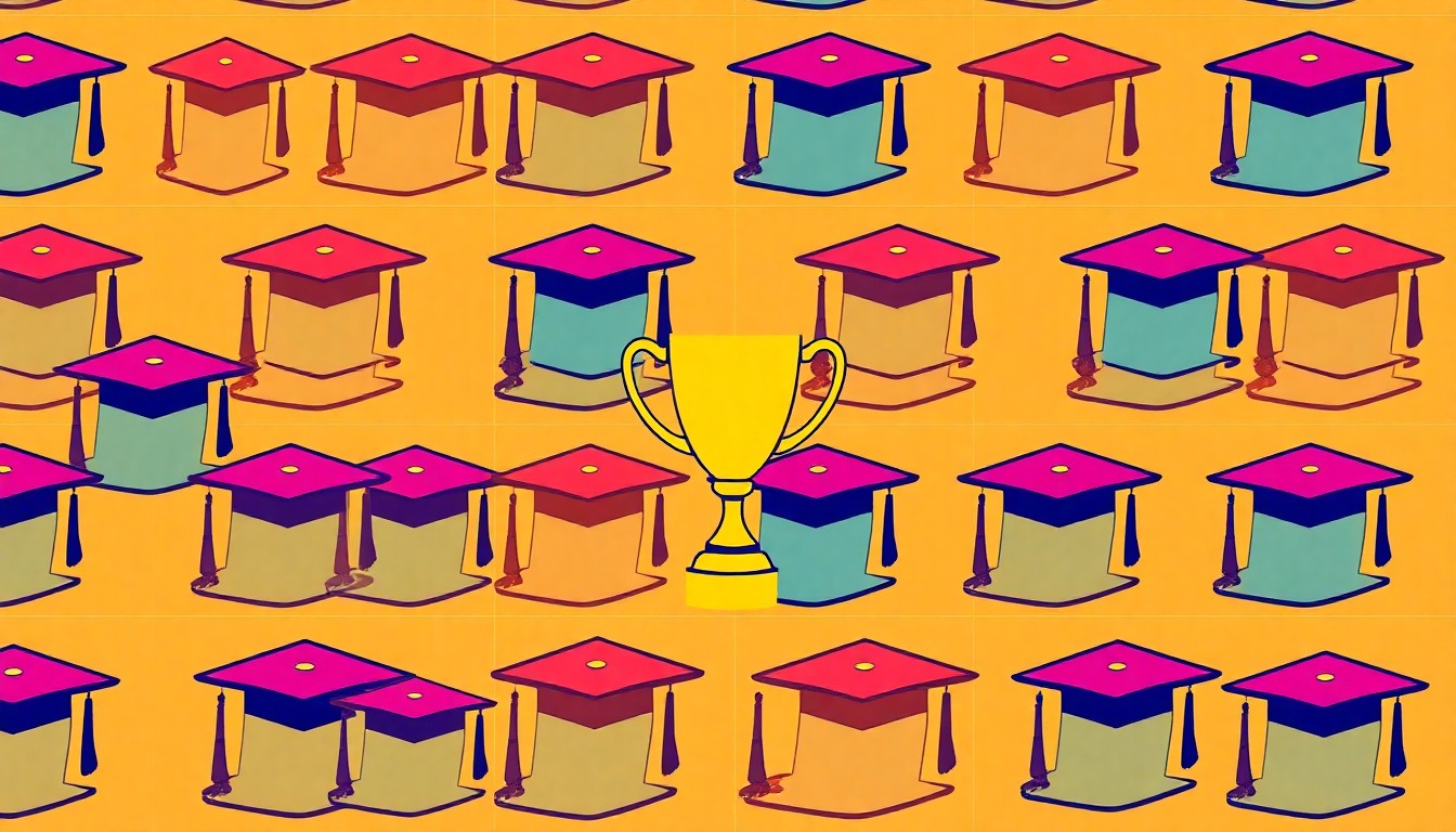 A high-contrast silkscreen print of a graduation cap repeated in a grid pattern, rendered in vibrant neon colors and heavy black outlines to capture the celebratory spirit of student accomplishments.
