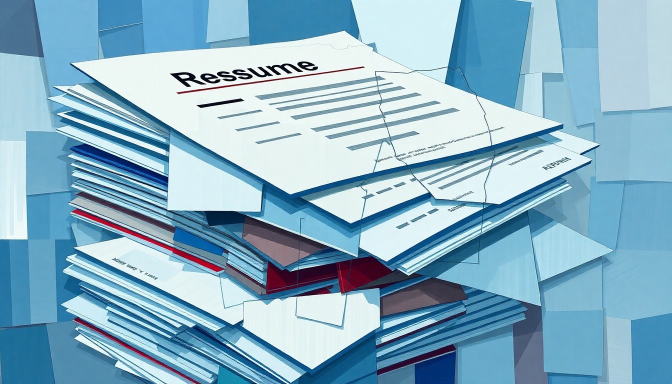 A dynamic, abstract painting featuring overlapping, geometric shapes in shades of blue, grey, and red, conceptually representing the displacement of American workers by the influx of foreign labor through the H-1B visa program.