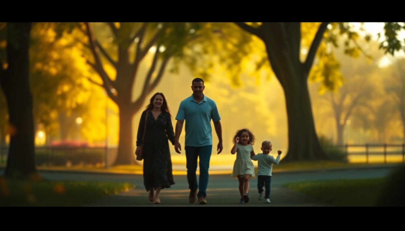 An abstract, impressionistic scene of blurred figures walking through a park, with soft, warm washes of color and light creating an atmospheric, dreamlike quality.