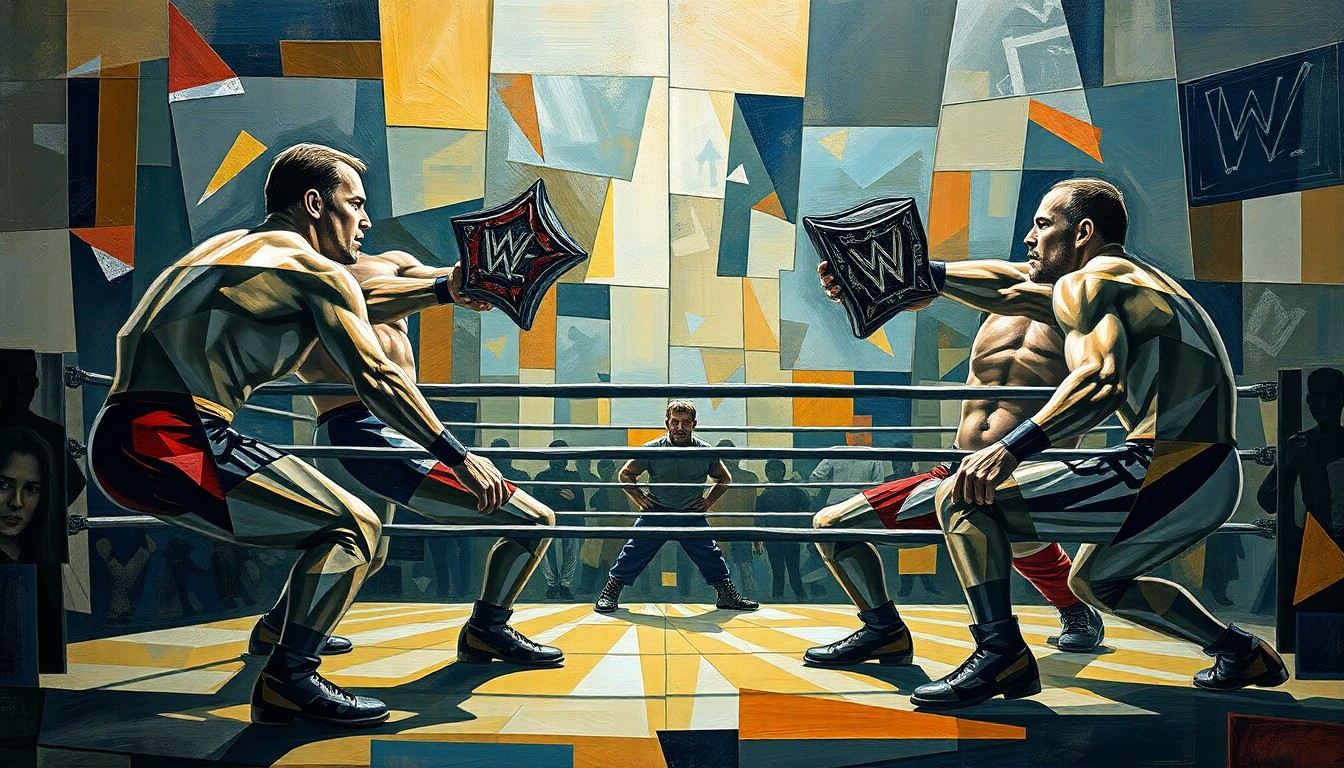 A fragmented, geometric painting depicting the action and intensity of a six-man tag team wrestling match, with the figures and movements broken down into sharp, overlapping planes of color and shape.