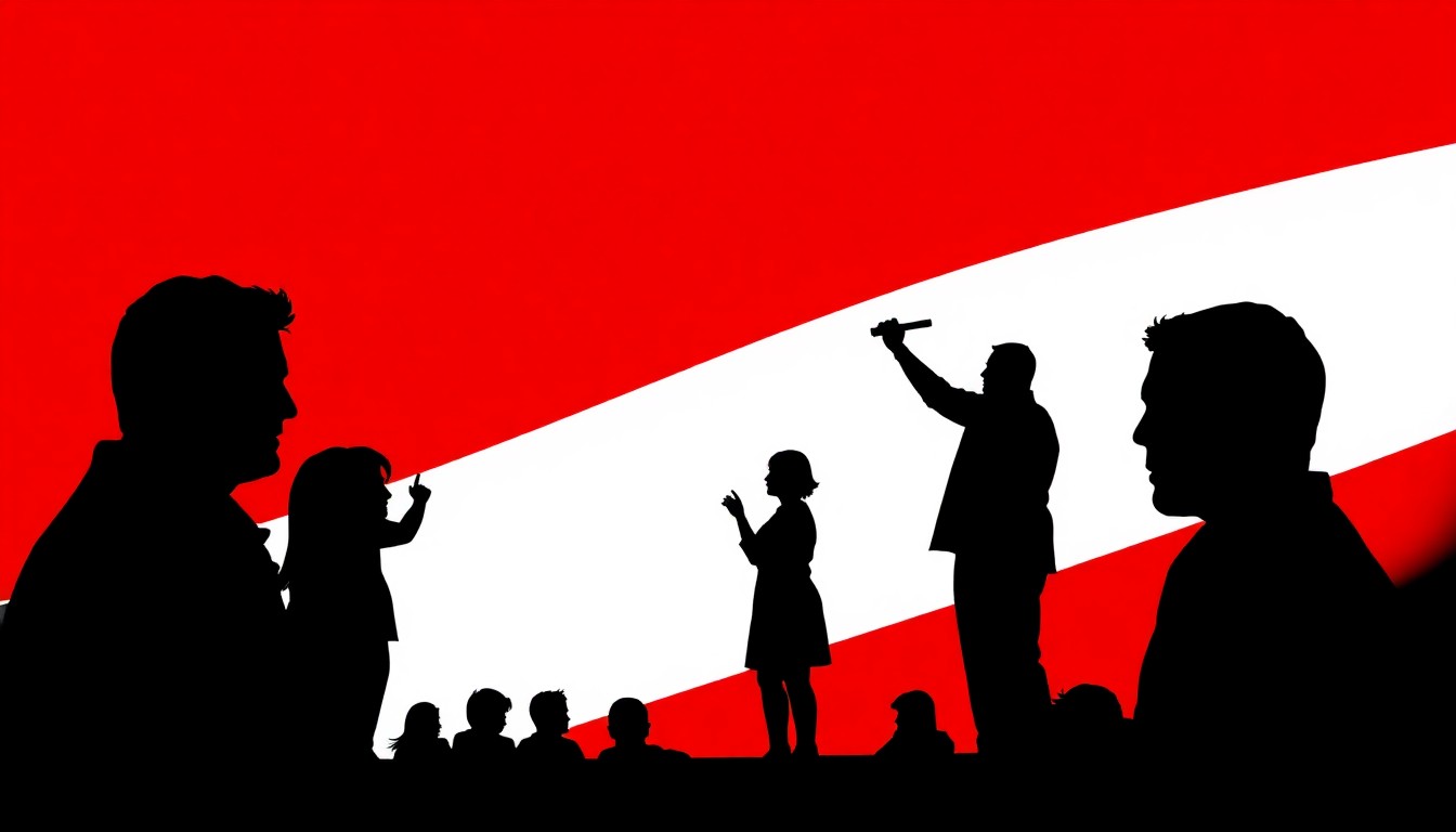 A minimalist, abstract illustration featuring bold black silhouettes and high-contrast solid colors like red and white, conceptually representing the intersection of celebrity, faith, and community.