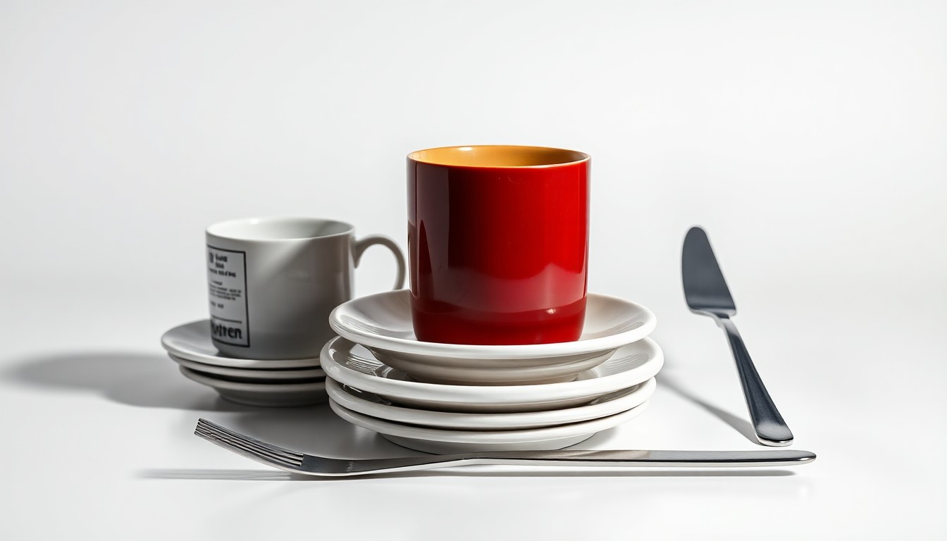 A high-end, photorealistic studio still-life photograph featuring a vintage coffee mug, a stack of ceramic plates, and a stainless steel fork and knife, conceptually representing the classic style and quality of Pennyman's Diner.