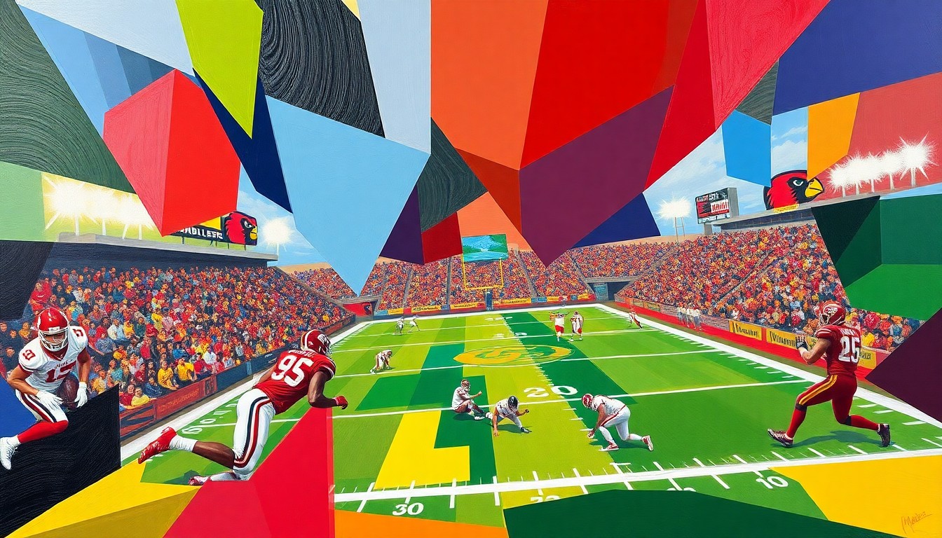 A cubist, geometric painting depicting a fragmented football game, with sharp planes of color representing the players and field of play.