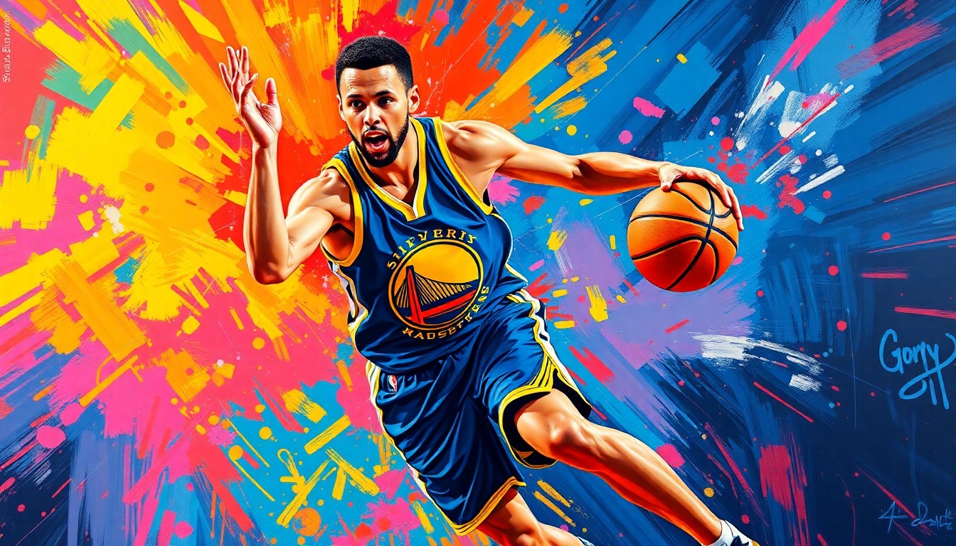 An abstract, energetic painting featuring bold, neon-colored brushstrokes that capture the dynamic movement and athleticism of a basketball player, conceptually representing Stephen Curry's return to the court.
