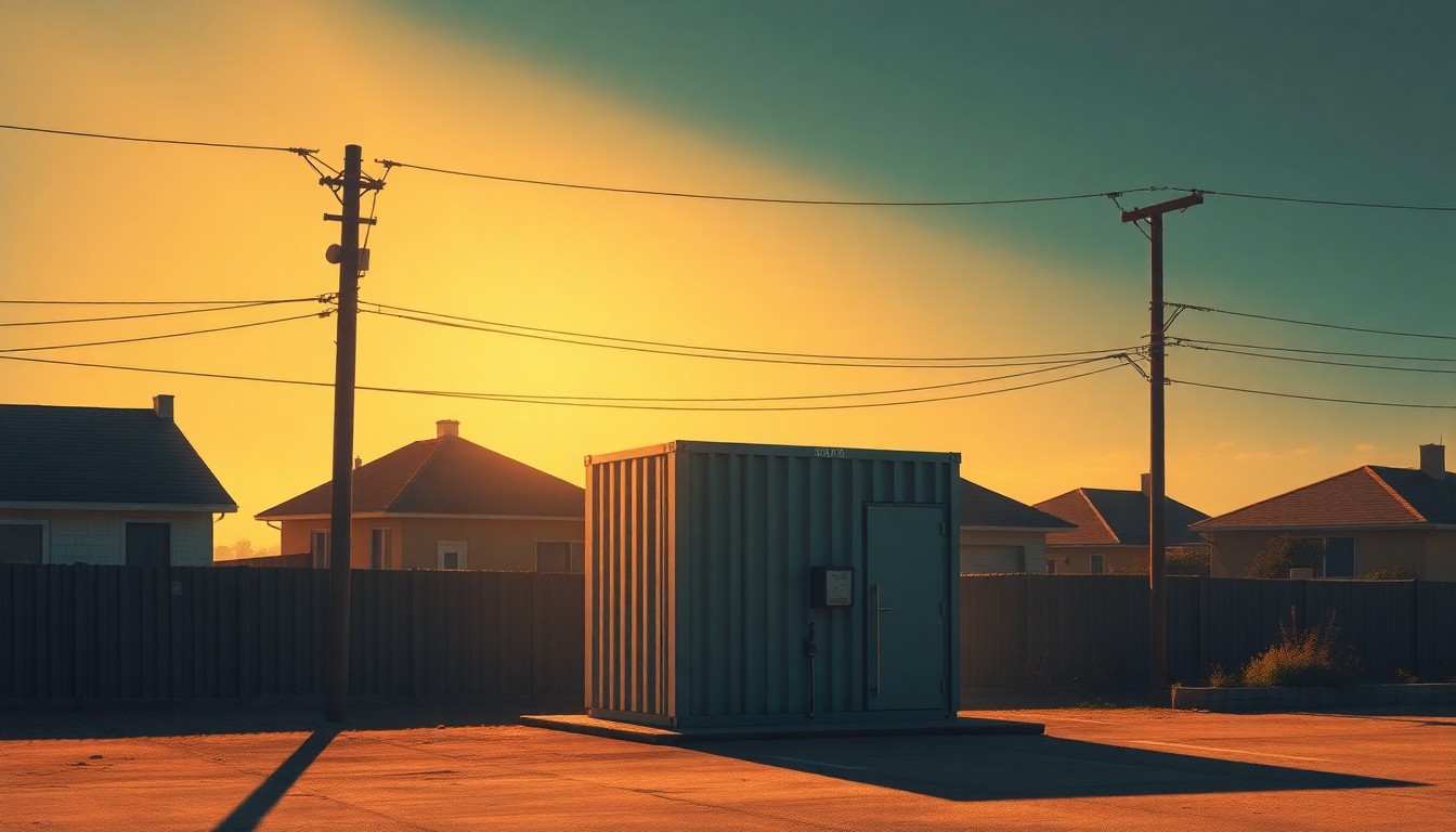 A serene, photorealistic painting depicting a lone battery storage unit or electrical substation in soft, warm light, conveying a sense of quiet contemplation about the complex issues surrounding the placement of new energy infrastructure.