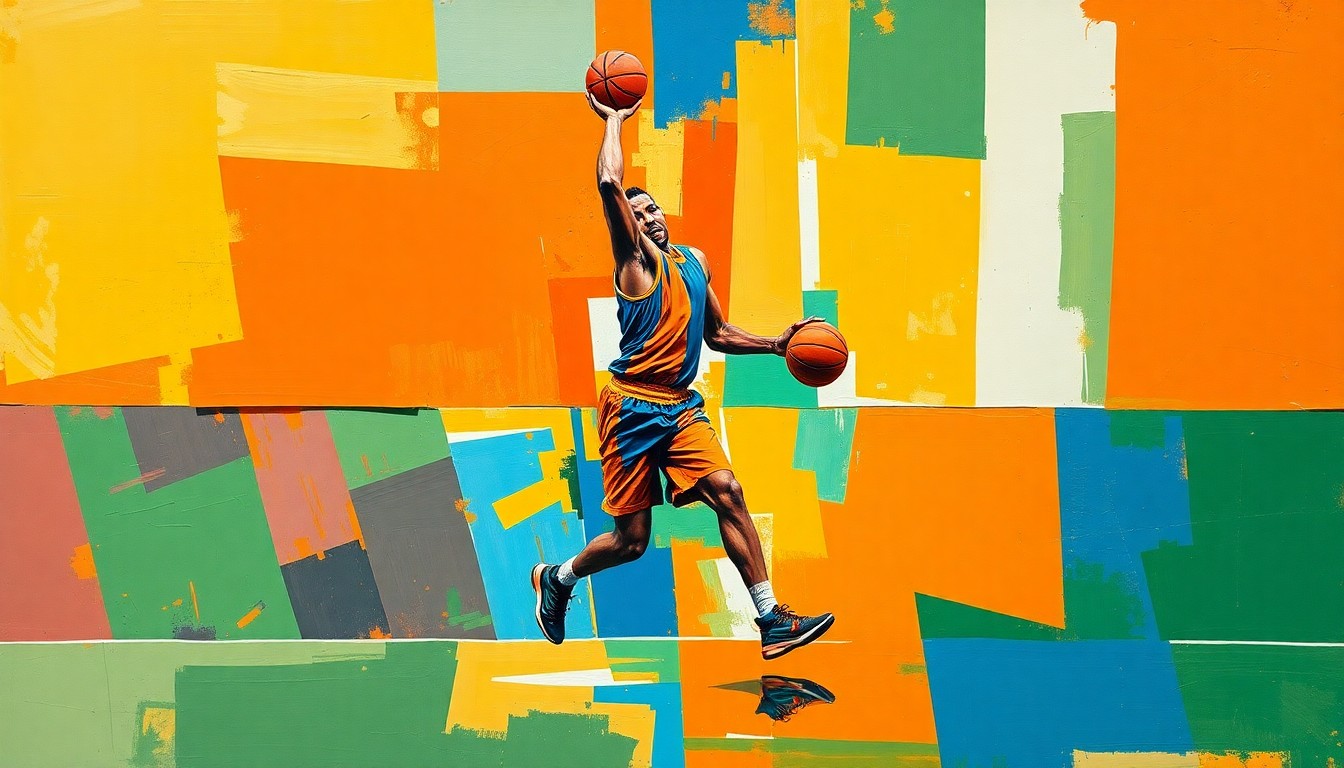 A cubist, geometric painting depicting a basketball player's movements on the court, with sharp, overlapping planes of vibrant orange, blue, and green colors.