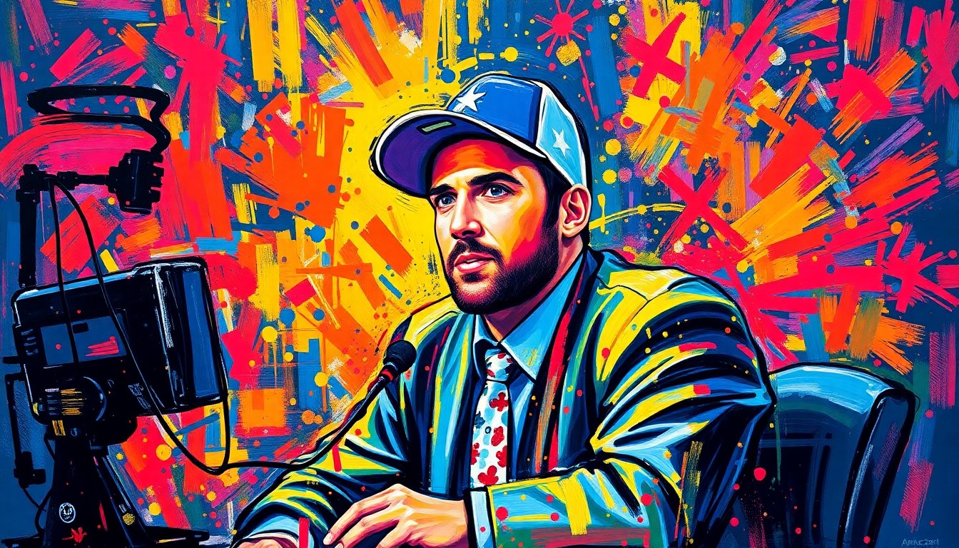 An abstract painting in neon colors, with rapid brushstrokes capturing the raw energy and excitement of an NFL broadcast booth, Tony Romo's face and figure dissolving into unrecognizable splatters of paint.