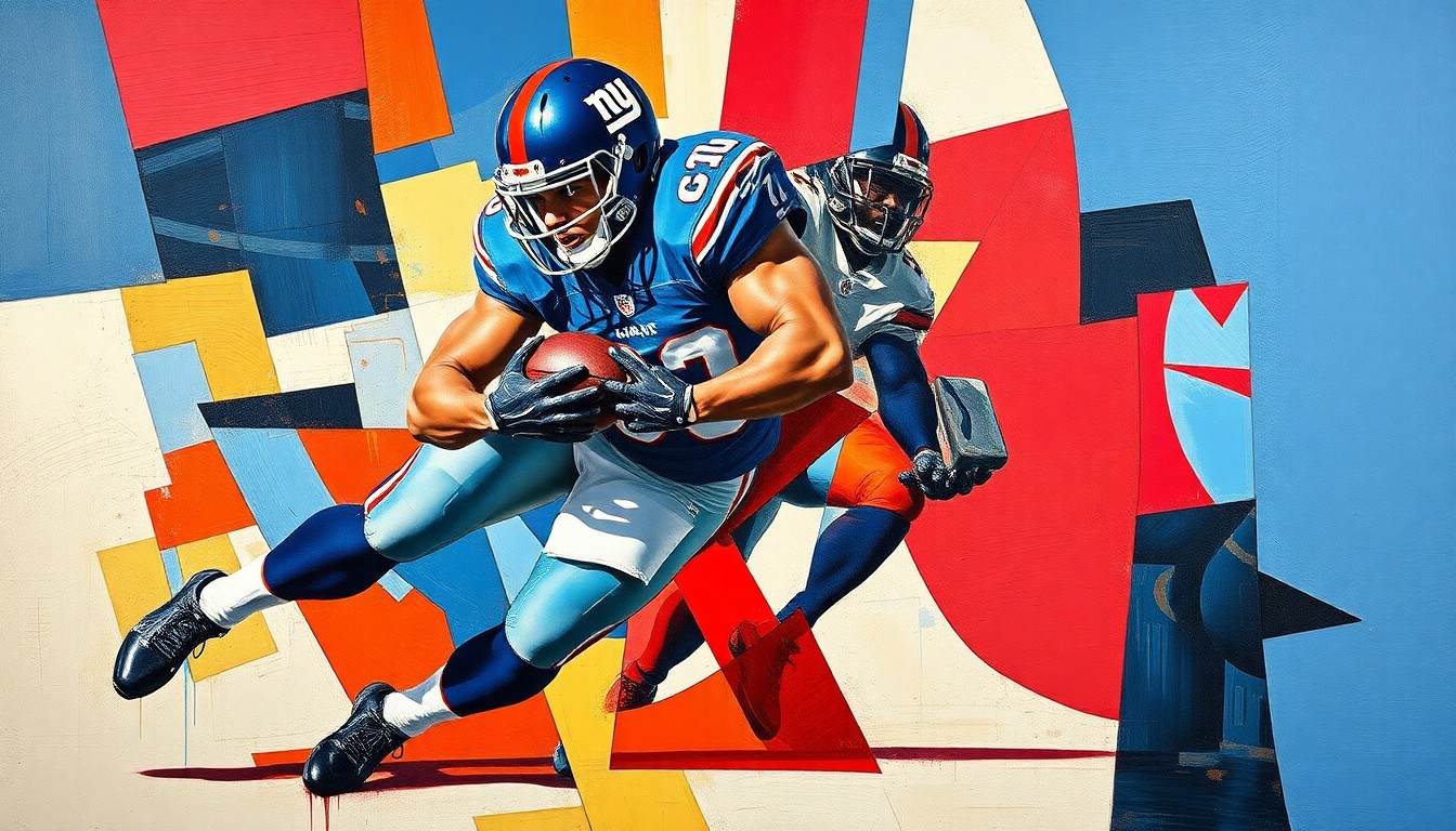 A cubist, geometric painting depicting a defensive tackle making a powerful tackle, with the player's form broken down into sharp, overlapping planes of blue and red.