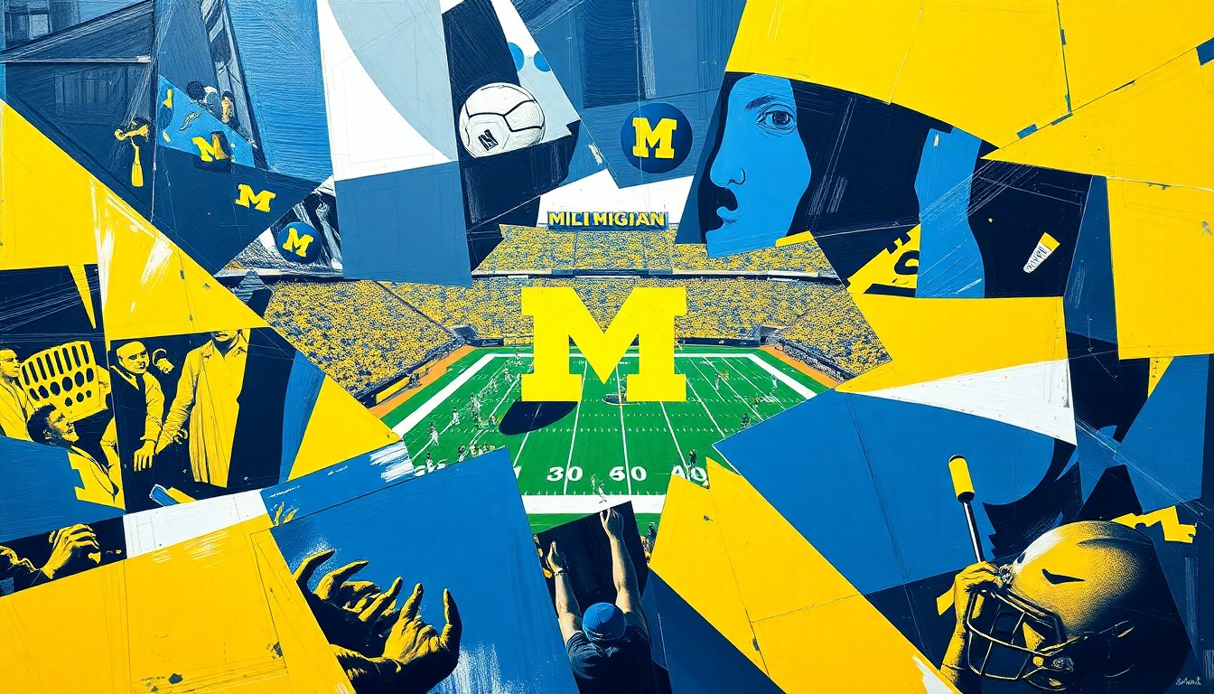 A cubist, geometric painting depicting a Michigan football game, with the players and field broken down into overlapping planes of maize and blue, conveying the dynamic, pass-focused nature of the team's new offensive system.