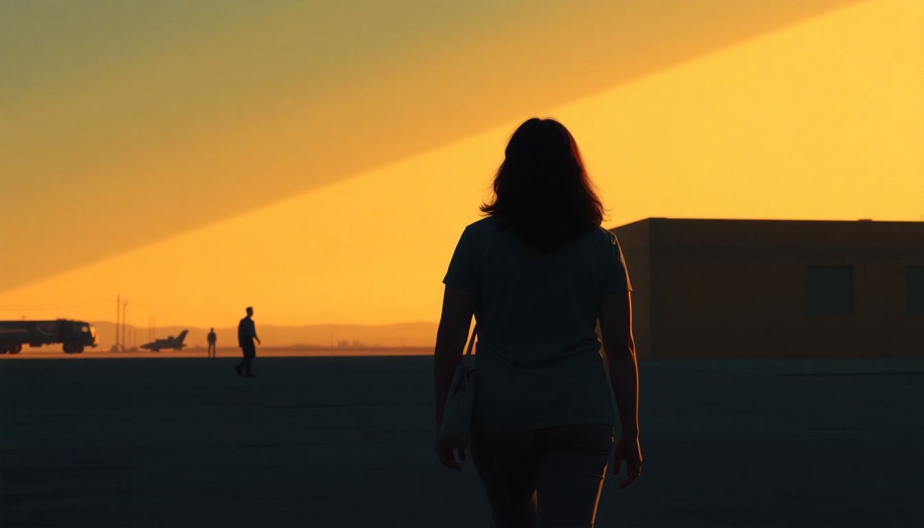 A solitary figure of a woman standing alone on a military base, surrounded by warm light and deep shadows, conveying a sense of isolation and vulnerability.