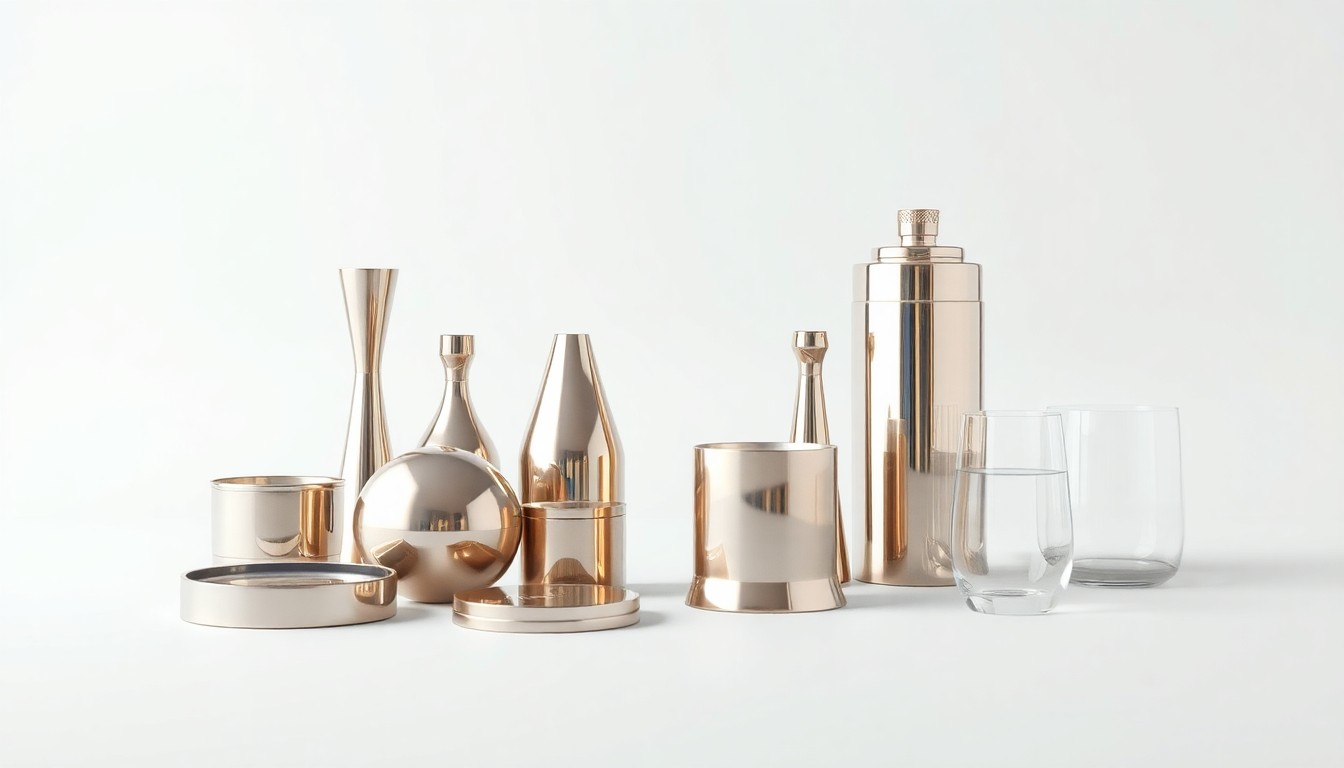 A minimalist, photorealistic studio still life featuring a collection of sleek, polished metal and glass objects arranged in a conceptual composition, symbolizing the uncertainty and fragility of global financial markets amid heightened geopolitical tensions.