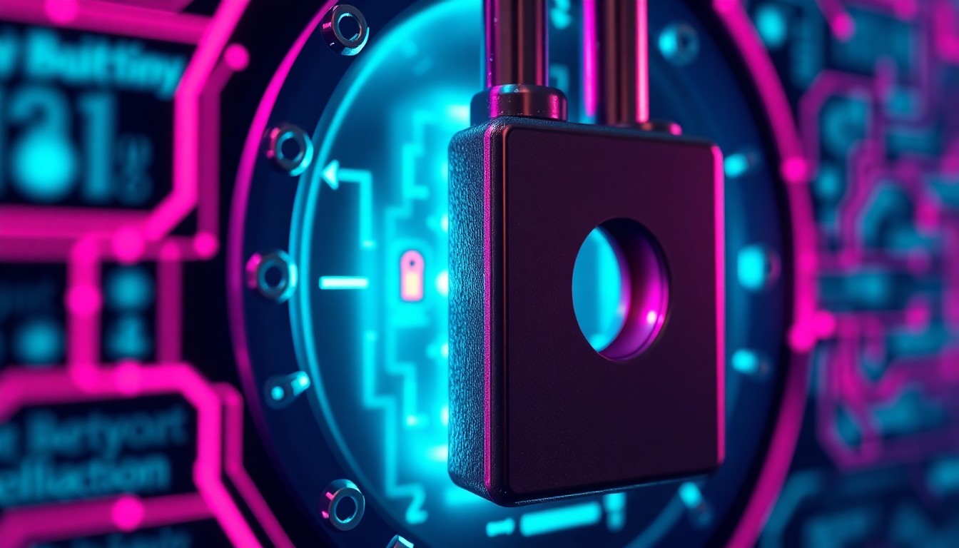 A highly detailed, glowing 3D macro illustration of a digital lock mechanism with neon cyan and magenta lights, conceptually representing the complex interplay between encryption, privacy, and public safety.