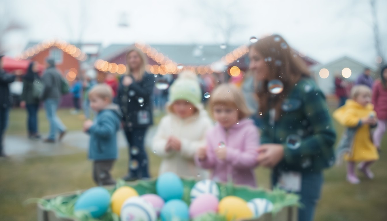 An abstract, out-of-focus scene of children and families enjoying the Heavenly Village Easter Egg Hunt, with soft, warm colors and a sense of energy and celebration.
