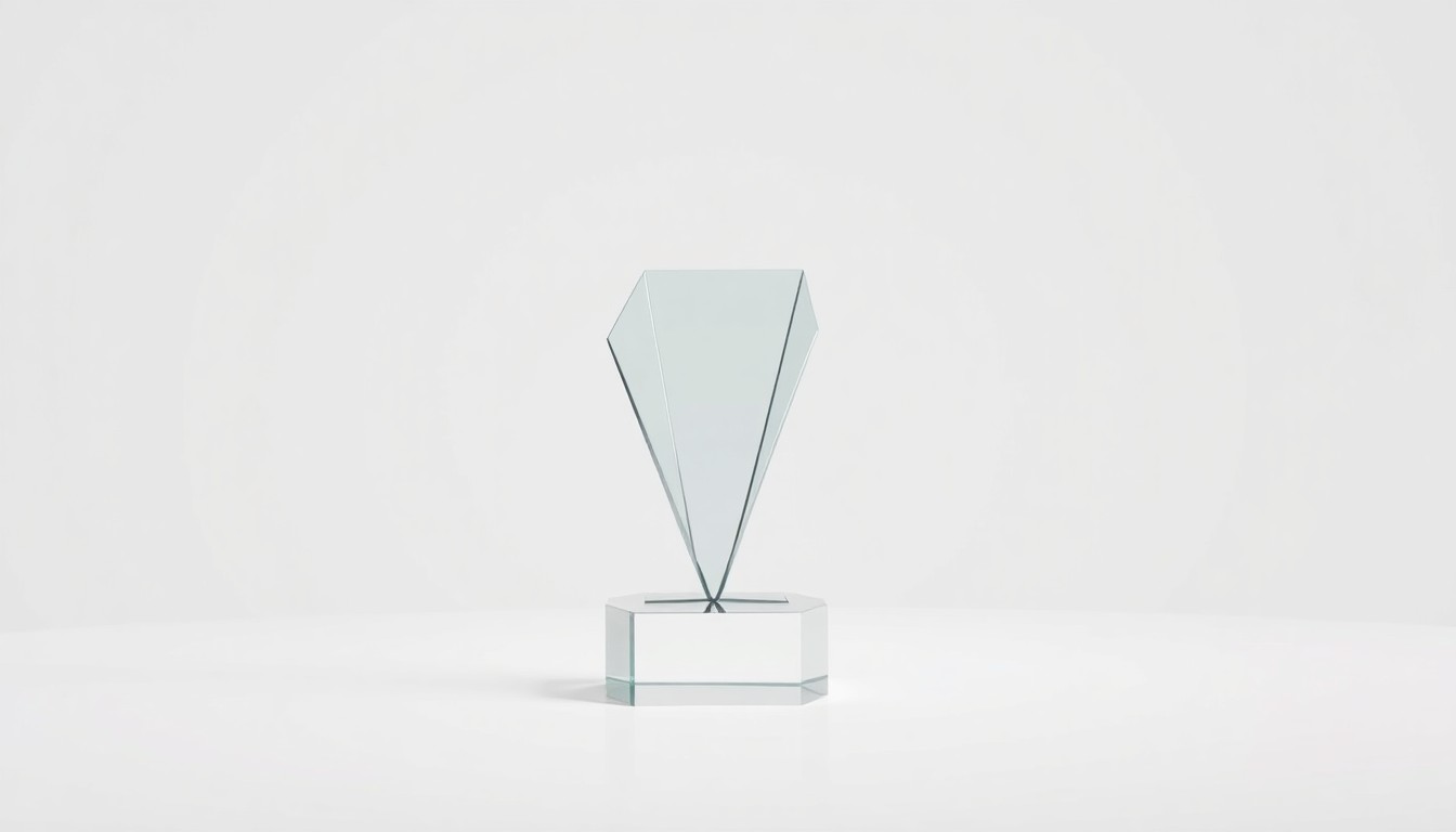 A minimalist, photorealistic studio still life featuring a polished, geometric trophy or award object made of metal and glass, floating on a clean, monochromatic background and representing the leadership and community impact of the outgoing chamber president.