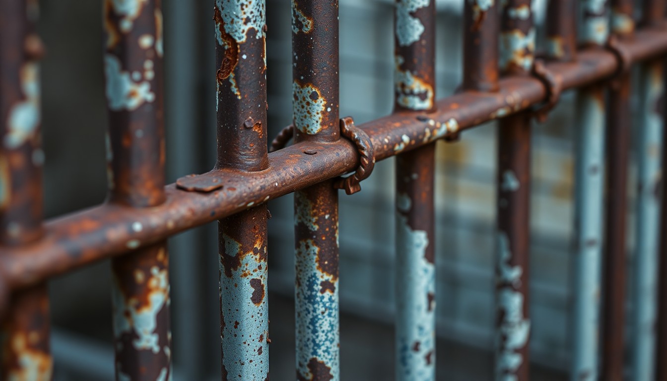 An extreme close-up photograph of a rusted, weathered metal fence, capturing the harsh, gritty textures and shadows to conceptually represent the physical barriers and confinement of incarceration.