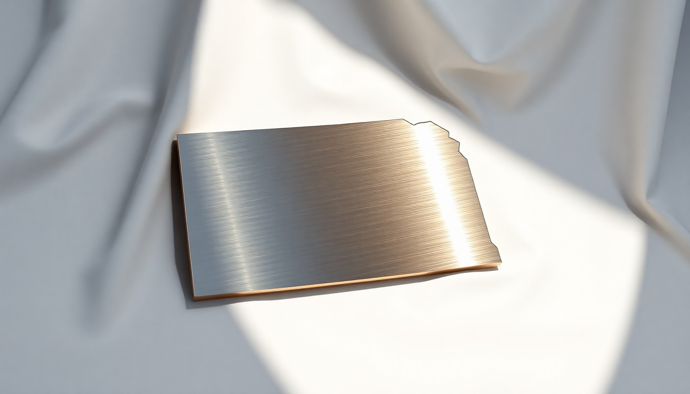 A close-up photograph of a shiny metal trophy or plaque in the shape of the state of Nebraska, resting on a clean white background and dramatically lit to showcase the premium materials and craftsmanship.