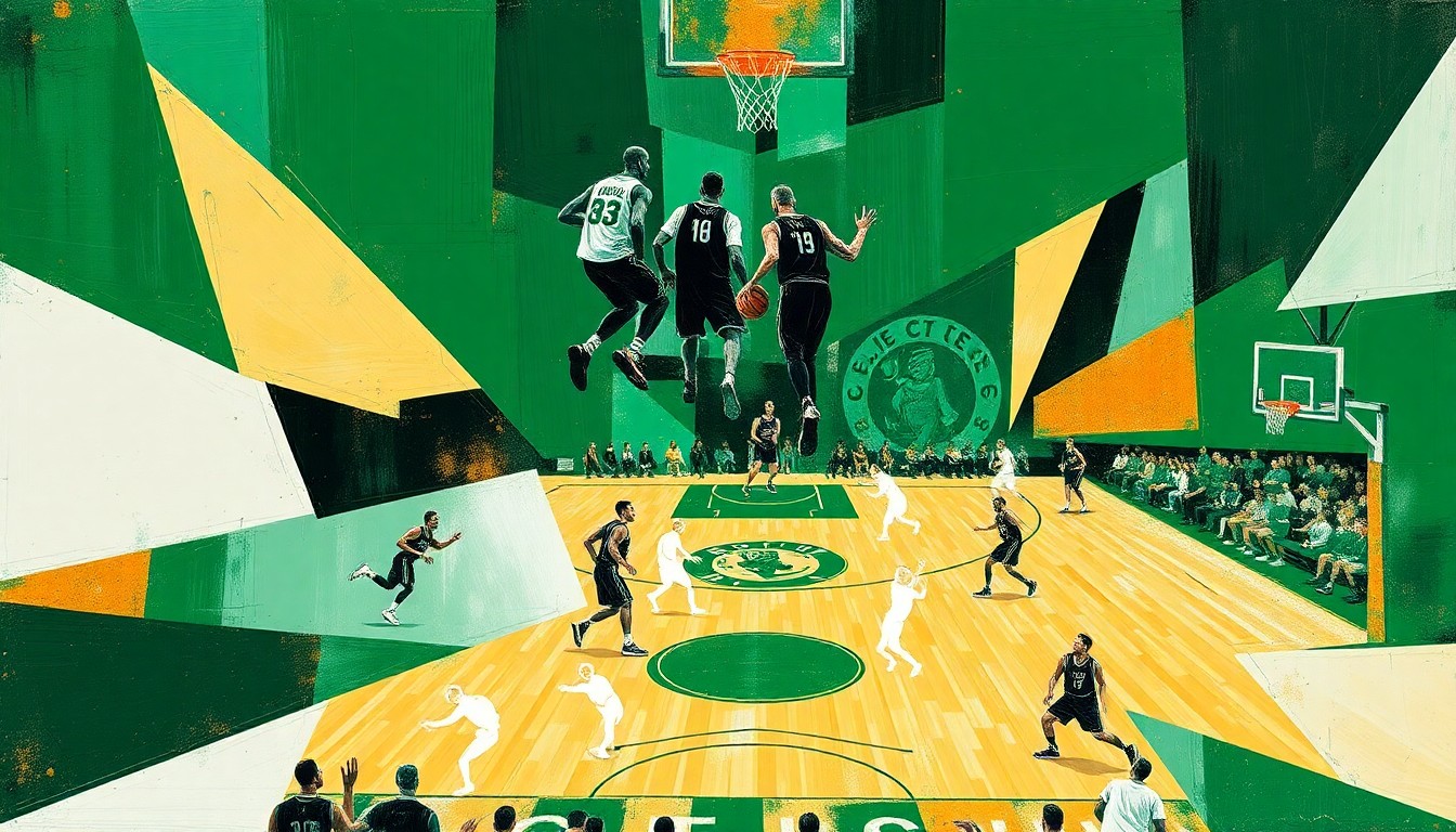 A cubist, geometric painting depicting a basketball game in motion, with overlapping shapes and planes of green, white, and gold representing the players and action on the court.