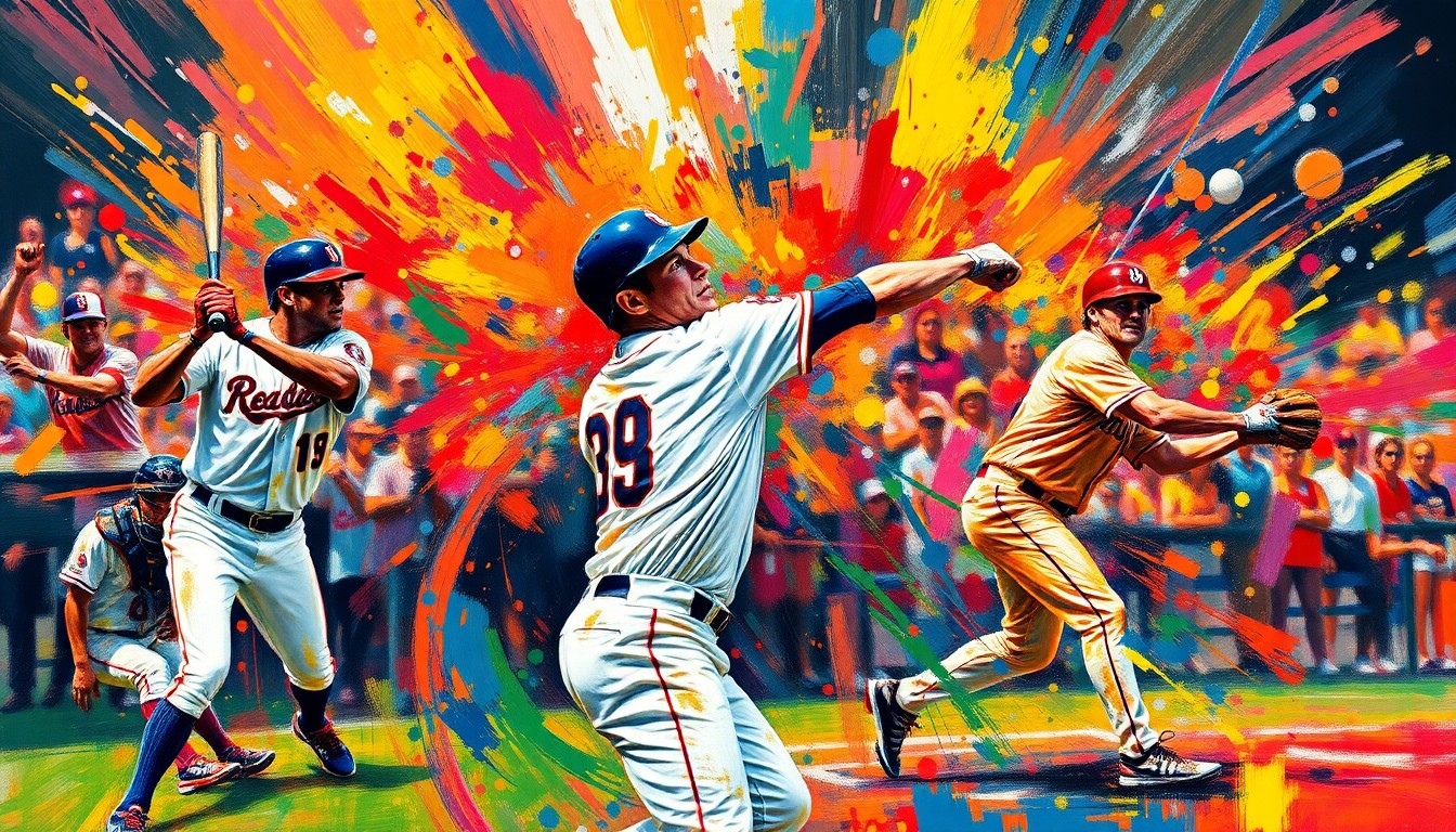 An abstract, energetic painting featuring vibrant brushstrokes of neon colors, capturing the dynamic motion and intensity of a baseball game.