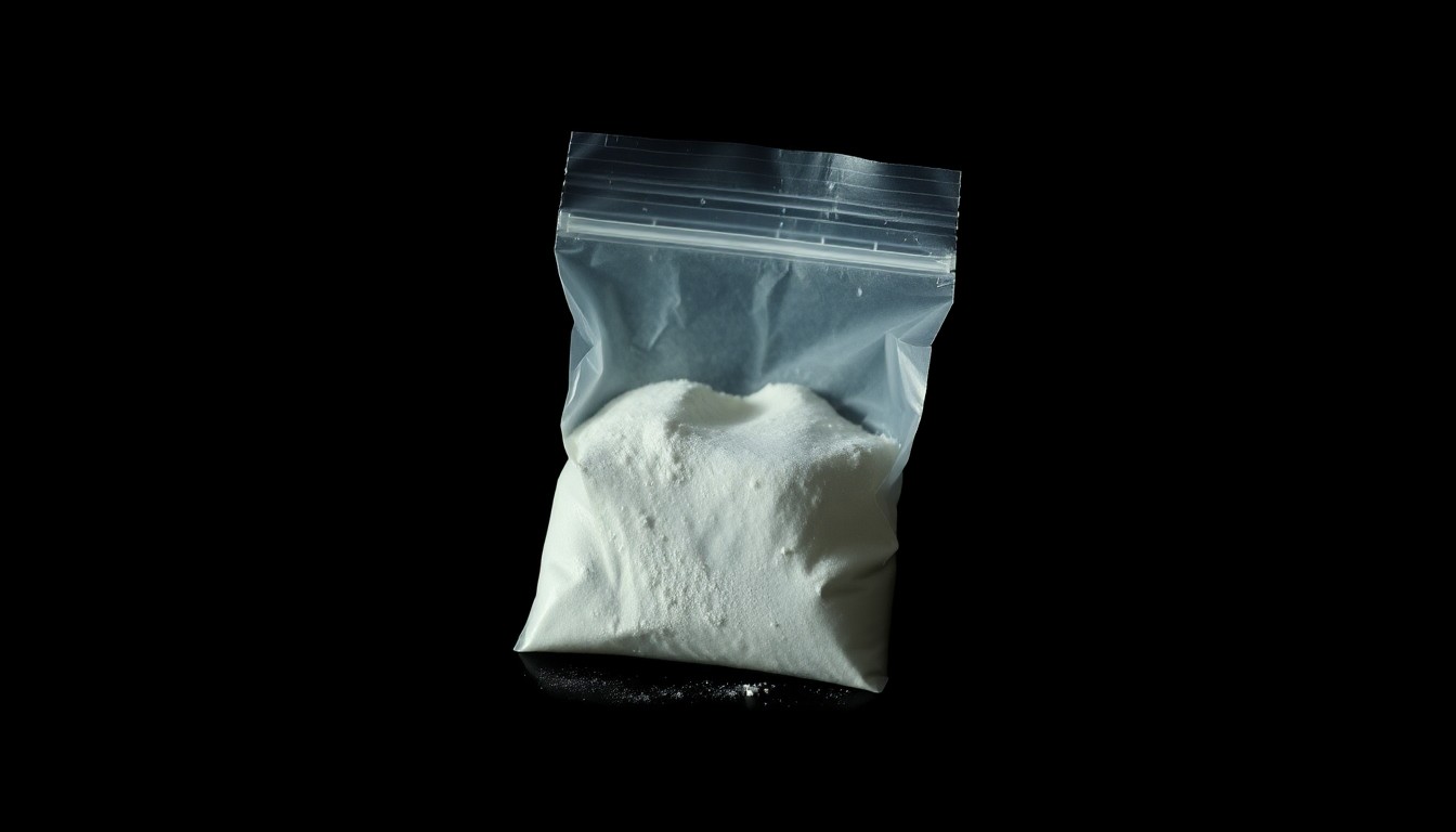 An extreme close-up photograph of a small plastic bag containing white powder, conceptually illustrating the drug-related crimes targeted in a recent Spartanburg police operation.