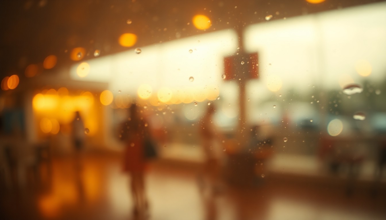 An abstract, dreamlike scene of blurred, warm-toned lifestyle imagery captured through a rain-streaked window, conceptually representing the complex relationship between education and economic outcomes.