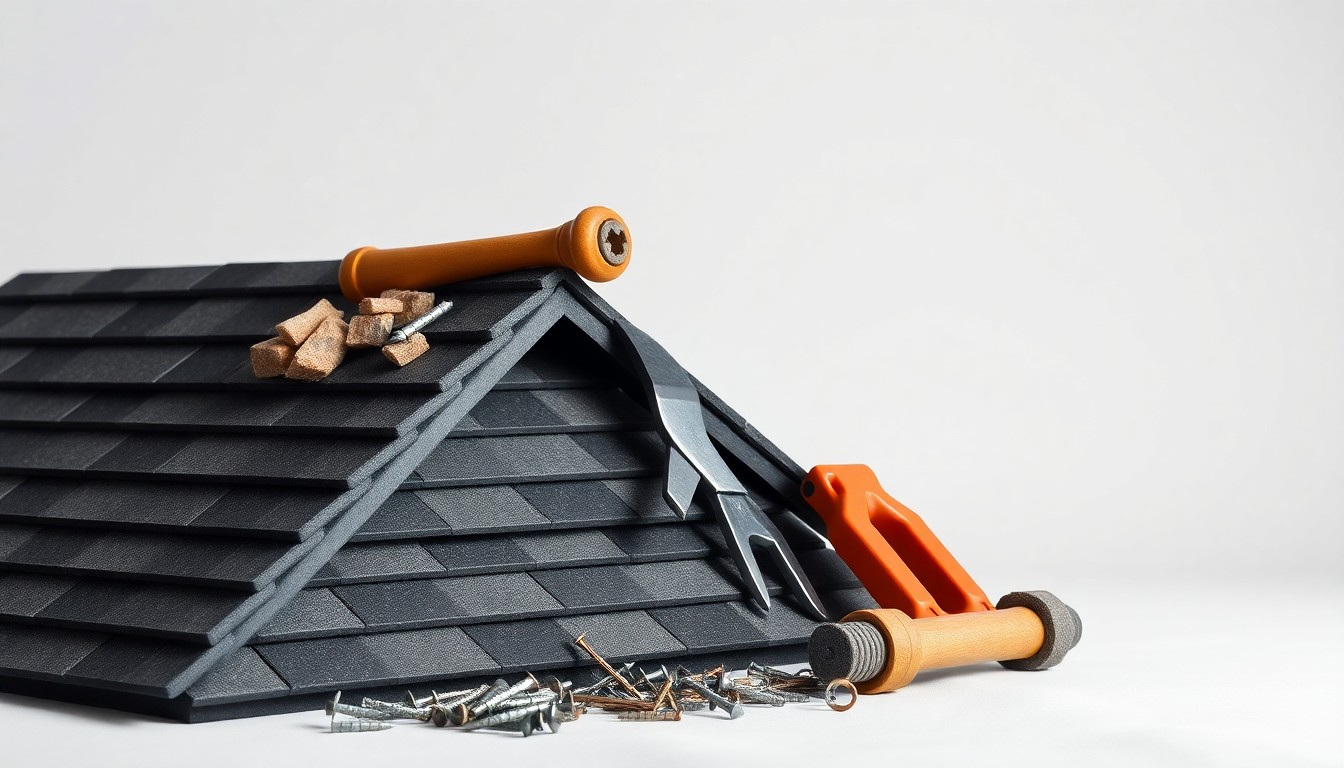 A photorealistic studio still-life photograph featuring a composition of high-quality roofing materials, including shingles, nails, and tools, arranged elegantly against a clean, monochromatic background with dramatic lighting, conceptually representing the attention to detail and craftsmanship of a premium roofing service.