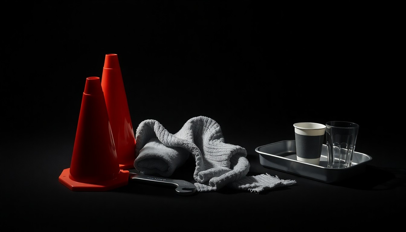 A high-end studio still life photograph featuring a clean, minimalist arrangement of premium objects like a parking cone, cleaning rag, wrench, and drink tray, symbolizing the various roles and behind-the-scenes work required to staff a new live music venue.