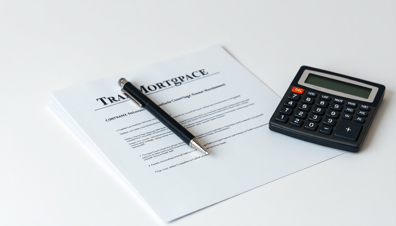 A minimalist, photorealistic studio still life featuring a stack of mortgage documents, a pen, and a calculator arranged on a clean, monochromatic background, conceptually representing the strategic priorities of a mortgage lending company.