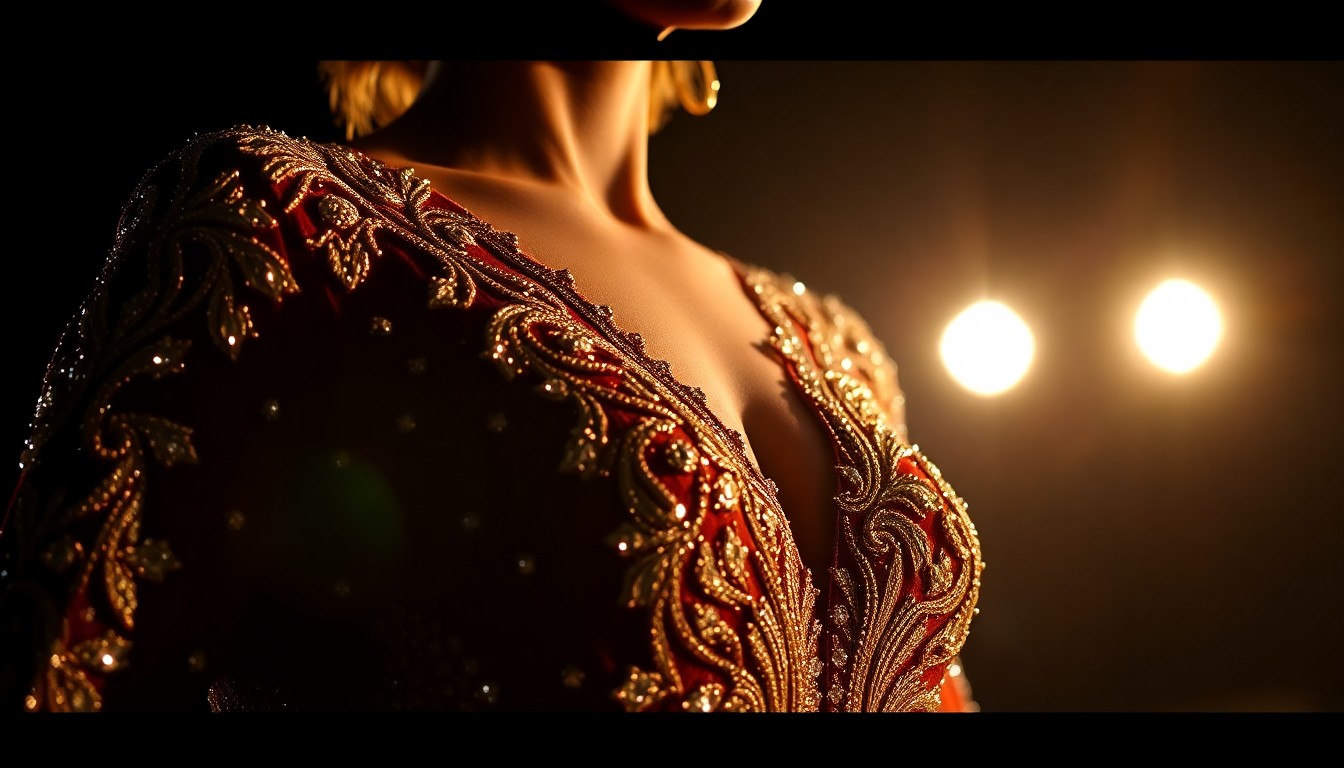 An extreme close-up photograph showcasing the ornate, textured details of Yasmin Levy's stage dress, including embroidered patterns and glittering embellishments, captured in dramatic studio lighting to evoke the glamour and artistry of the singer's live performances.