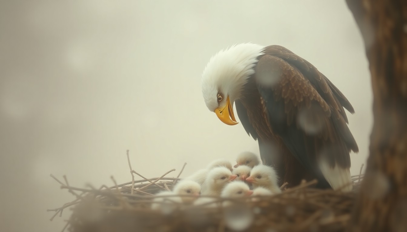 An abstract, dreamy scene of muted colors and soft focus, showing the silhouette of a bald eagle parent feeding its chicks in a nest.