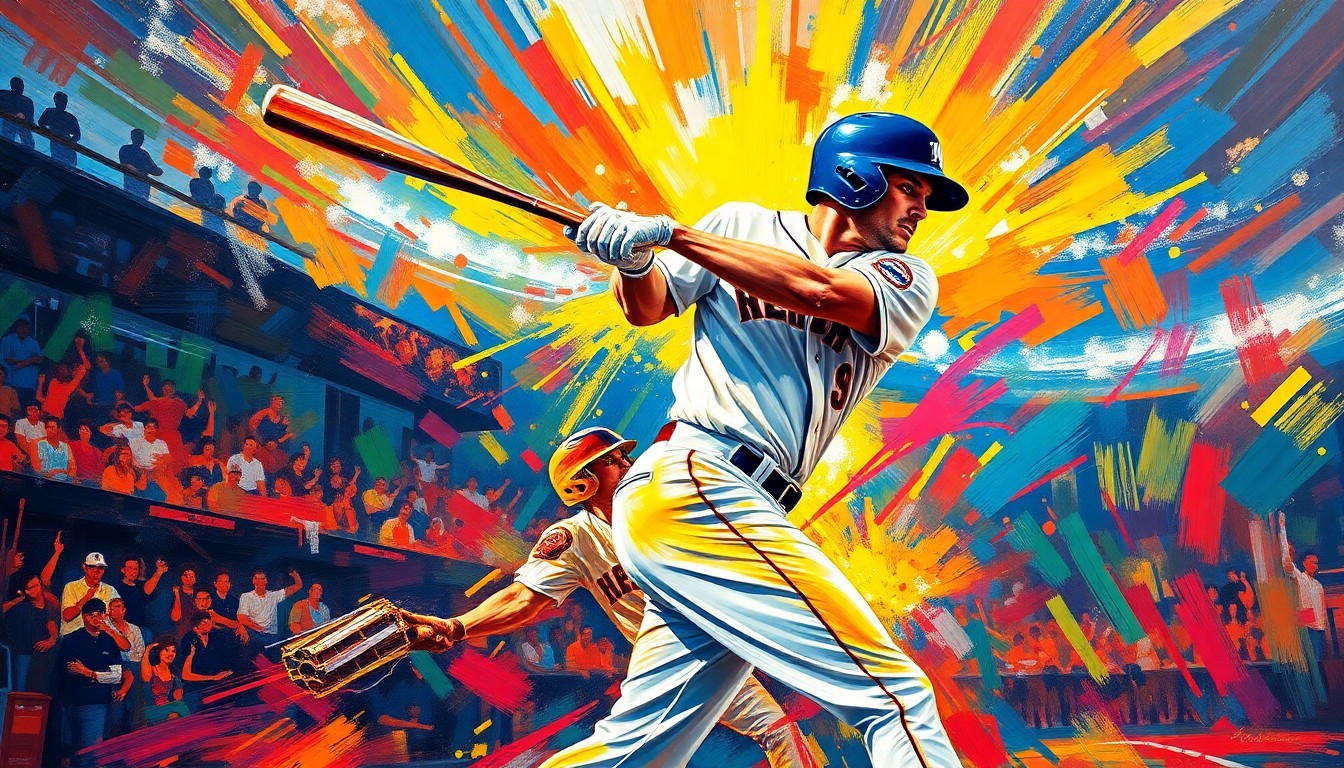 A dynamic, colorful painting depicting the powerful swing and explosive energy of a baseball player hitting a home run, with the ball blurring into a neon streak against a backdrop of vibrant brushstrokes.