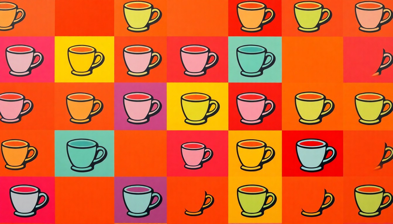 A bold, colorful silkscreen-style illustration featuring a repeated pattern of a simple coffee cup icon in vibrant shades of red, orange, and blue, capturing the energy and iconic branding of the Brewed coffee shop brand.