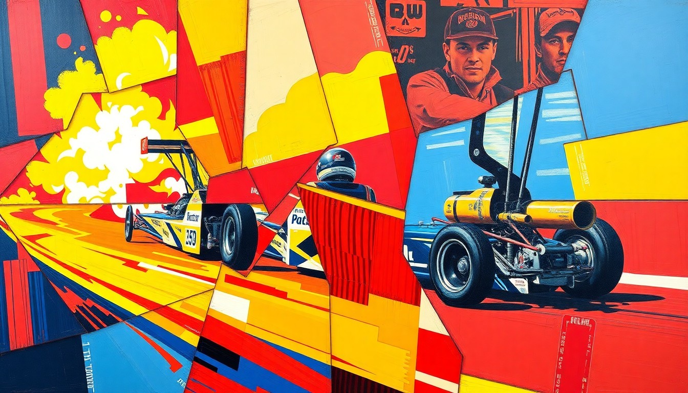 A fractured, multi-perspective painting in bold, vibrant colors depicting the explosive action of a Top Fuel drag race, with the cars and track broken down into sharp, overlapping geometric shapes.