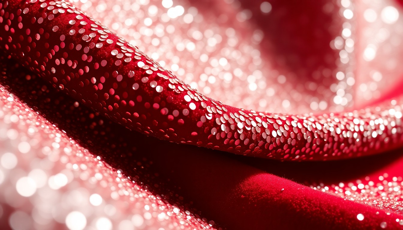 An extreme close-up photograph of luxurious, high-contrast textures like glittering sequins and plush velvet, evoking the glamour and elegance of a red carpet event.