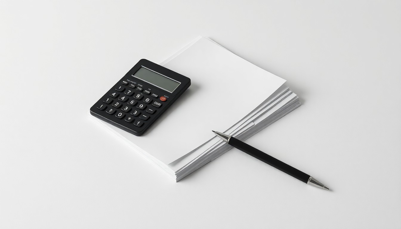 A high-end, photorealistic studio still-life photograph featuring a stack of financial documents, a calculator, and a pen arranged elegantly on a clean, monochromatic seamless background, conceptually representing the need for data-driven risk assessment in the face of rising German company insolvencies.