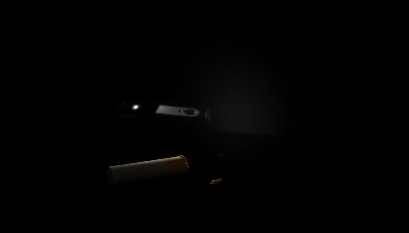 An extreme close-up photograph of a single piece of physical evidence related to the unsolved homicide, such as a broken cell phone or a discarded cigarette butt, lit by a harsh, direct camera flash against a pitch-black background, conceptually illustrating the investigative process.