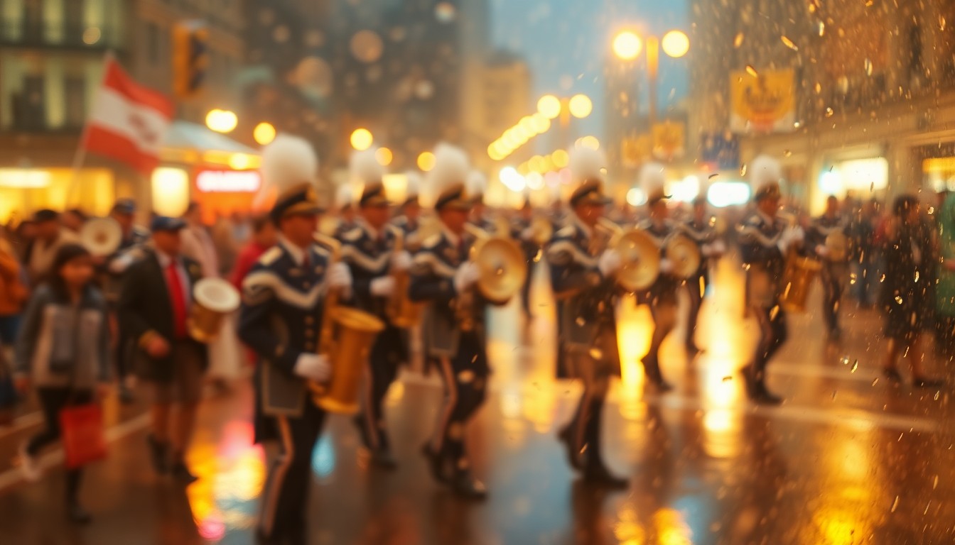 An extremely abstracted, out-of-focus photograph shot through rain-streaked glass, depicting a blurred marching band performance in a rainy parade. Warm pools of soft, blurred color and light create an atmospheric, dreamlike scene.