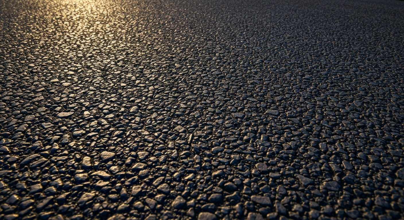 An extreme close-up of the rough, pebbled surface of a rural highway, with the intricate patterns and colors of the asphalt material revealed through dramatic lighting, conceptually representing the infrastructure changes that would come with the potential interstate project.