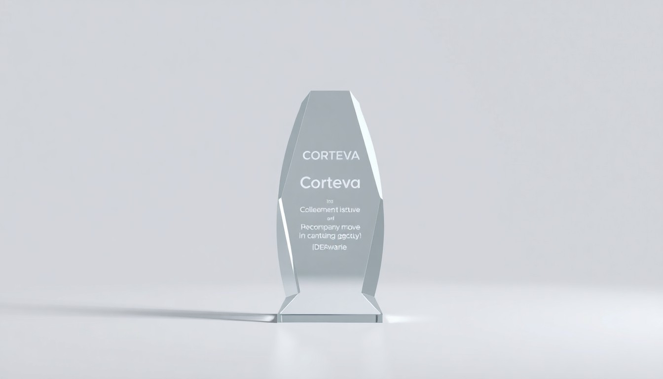 A photorealistic studio still-life photograph featuring a polished, geometric glass trophy or award on a clean, monochromatic background, representing Corteva's milestone move and the company's legacy in Delaware.