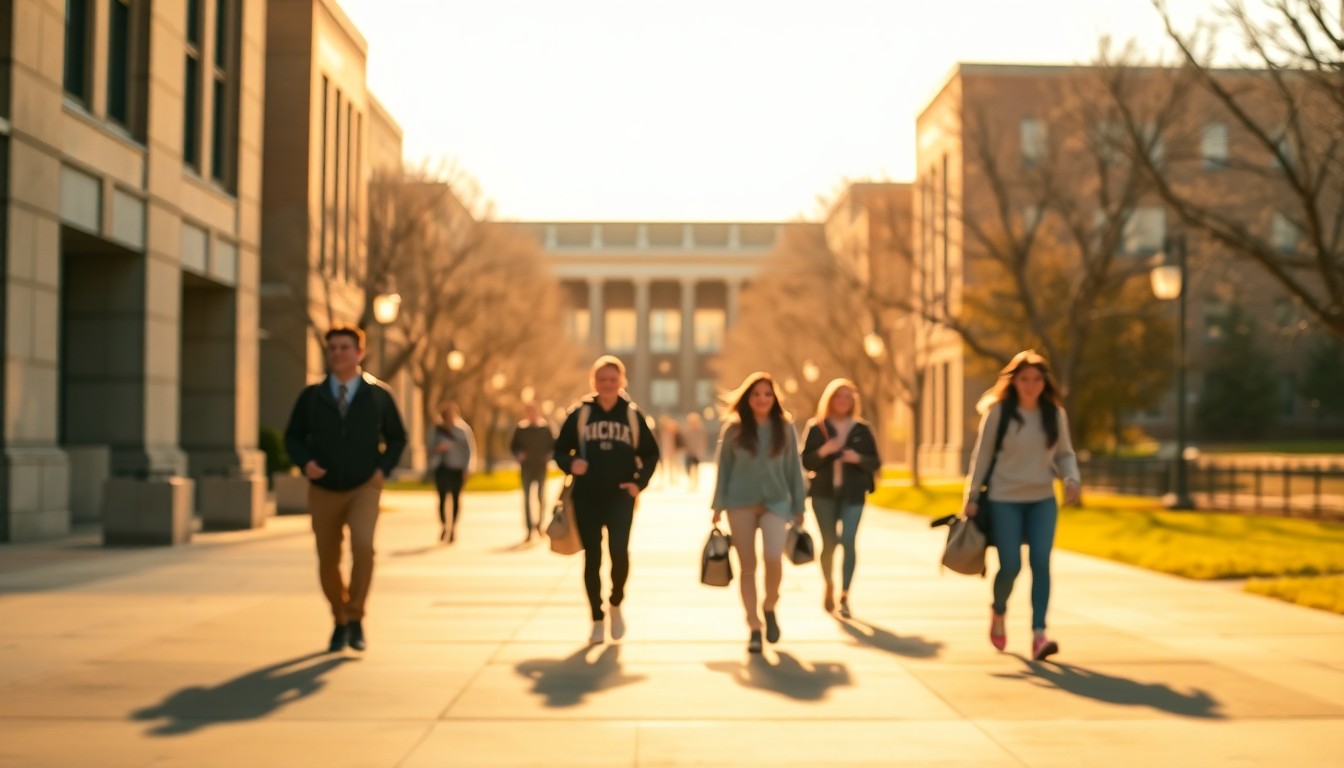 An extremely abstracted, out-of-focus photograph of students walking on a college campus, composed entirely of soft, warm pools of light and color in a dreamlike, atmospheric scene.