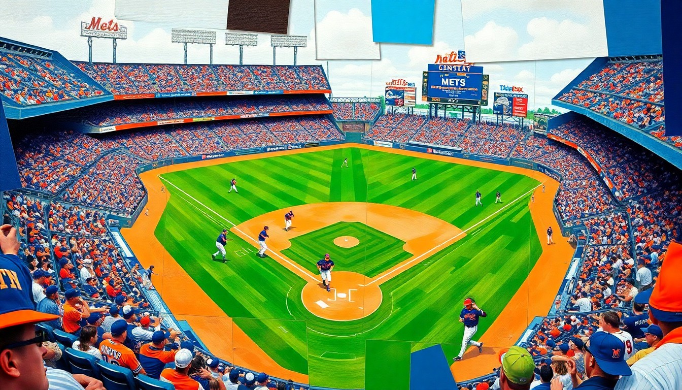 A cubist, geometric painting depicting a Mets baseball game, with the players and field broken down into sharp, overlapping planes of vibrant blue, orange, and green colors, capturing the energy and excitement of the team.