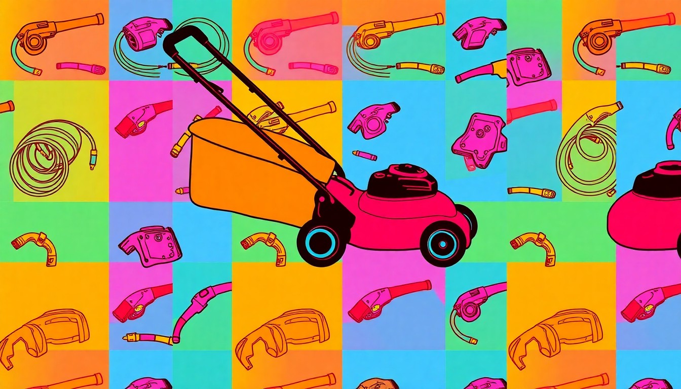 A bold, graphic silkscreen print featuring a repeated pattern of a single lawn care object like a lawn mower or sprinkler head, rendered in a high-contrast palette of neon colors and heavy black outlines to transform the mundane into modern pop art.