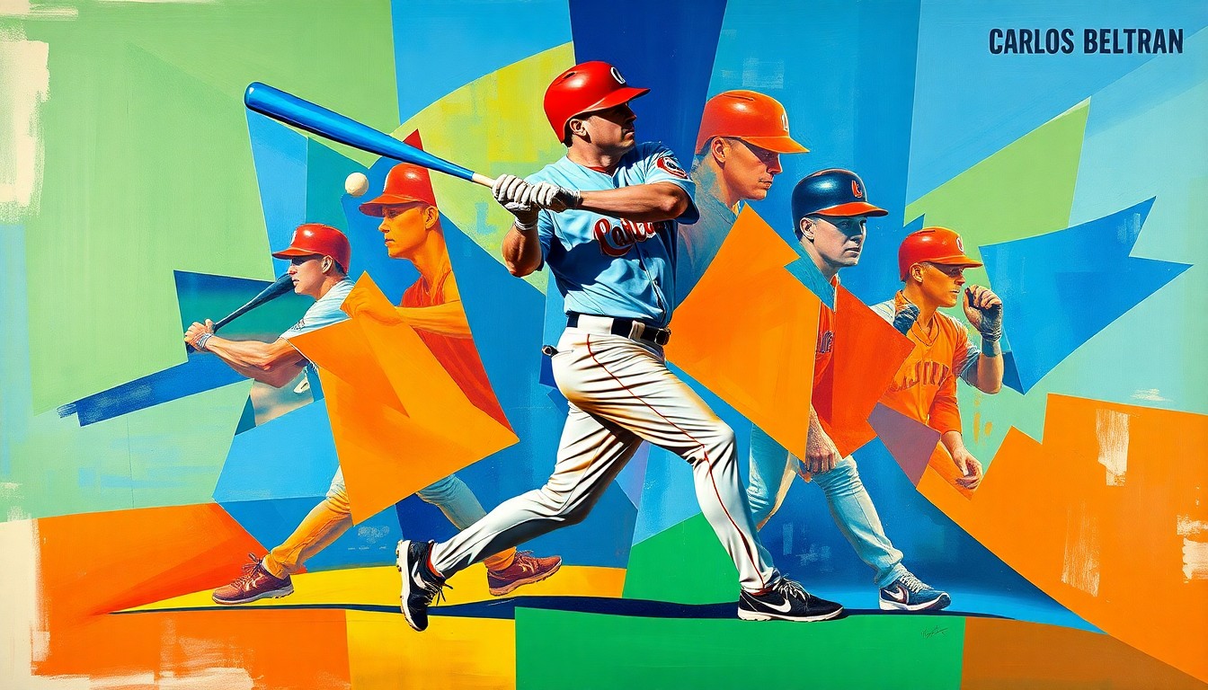 A fragmented, geometric painting depicting the various movements and perspectives of a baseball player, conceptually representing the multifaceted talent and impact of Carlos Beltran during his time with the New York Mets.