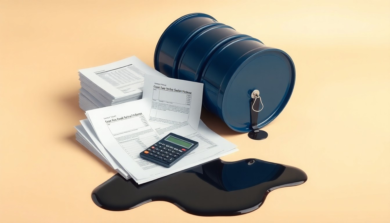 A photorealistic studio still life featuring a stack of financial documents, a calculator, and a leaky oil drum, symbolizing the hidden environmental and financial costs of the oil industry's accounting practices.