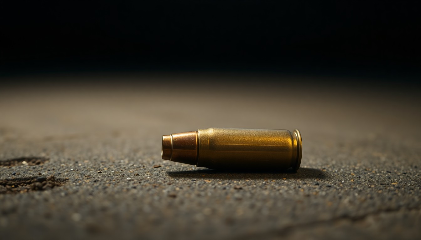 An extreme close-up photograph of a single spent shell casing on a dark concrete surface, conceptually illustrating the evidence gathered from a law enforcement shooting investigation.