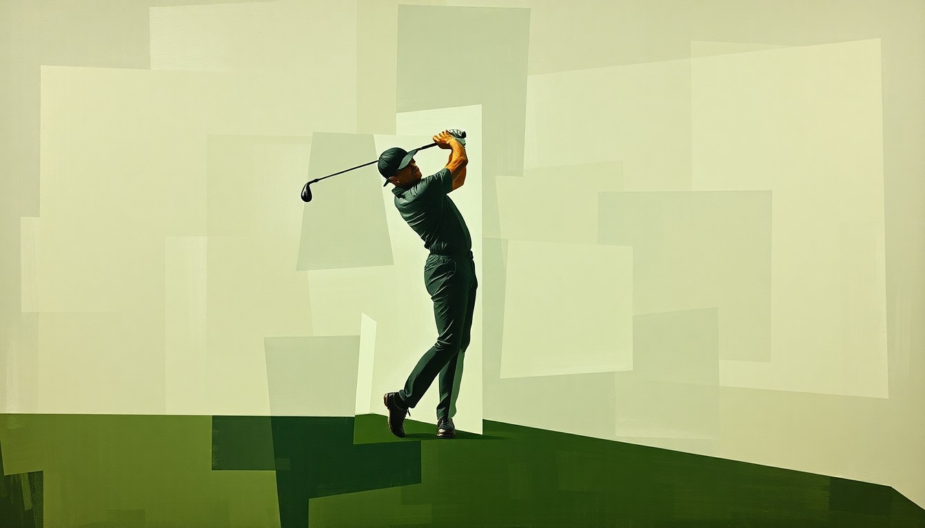 A fractured, geometric painting breaking down the silhouette of a golfer into sharp, overlapping planes in muted earth tones, conceptually representing the personal struggles of a fallen sports icon.