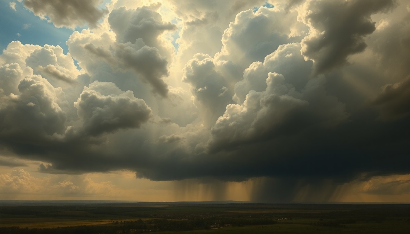 A sweeping, atmospheric landscape painting in muted tones of gray, blue, and gold, depicting a dramatic, stormy sky filled with heavy clouds and rays of light breaking through, partially obscuring a small town or rural area in the foreground, conveying the overwhelming scale and power of an approaching weather system.