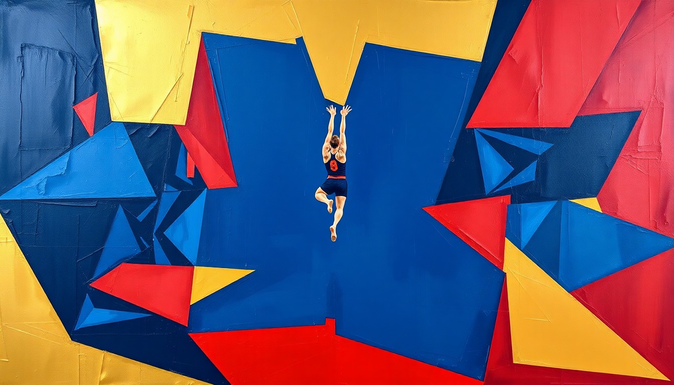 A cubist, geometric painting depicting a fragmented, multi-angled view of a gymnast performing on the uneven bars, with sharp planes of navy, crimson, and gold colors.