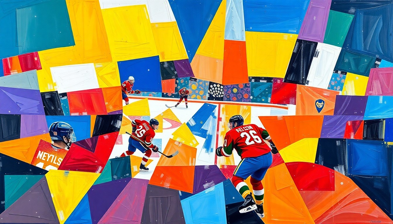 A cubist, geometric painting featuring overlapping planes of bright blue, red, and yellow, conceptually representing the dynamic action and energy of a hockey game.