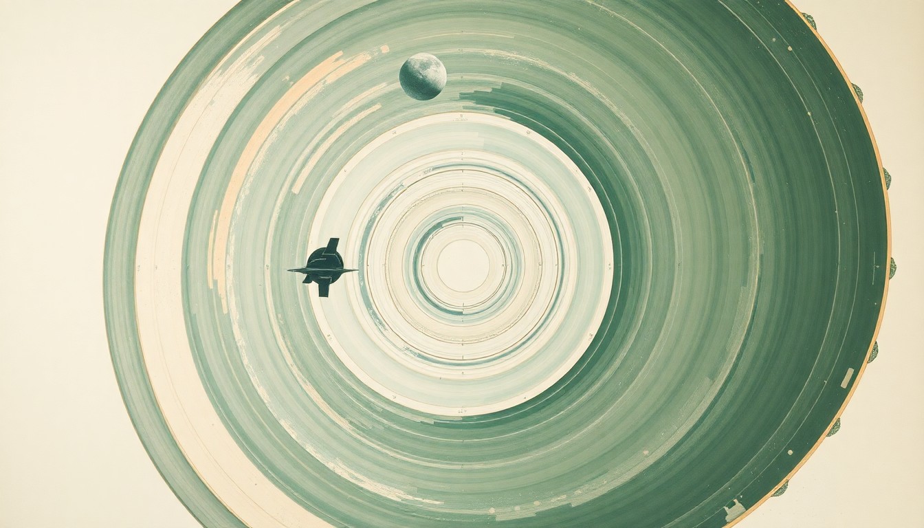 A bold, abstract painting in the style of Hilma af Klint, featuring sweeping geometric arcs, concentric planetary circles, and precise botanical spirals in earthy tones of green, blue, and ochre, conceptually representing the Artemis II spacecraft's journey to the Moon and its record-breaking distance from Earth.